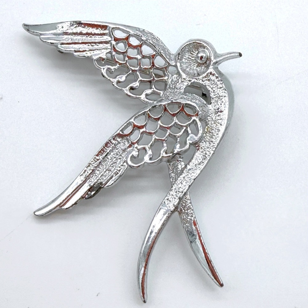 Vintage Sarah Cov Swallow Brooch Silver Tone Mid Century Bird Pin Signed